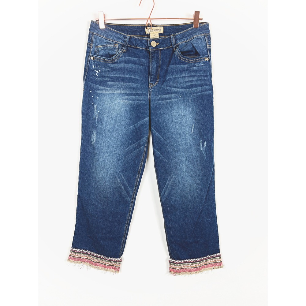 Democracy Ab Solution Distressed Embroidered Cuff Crop Jeans 10